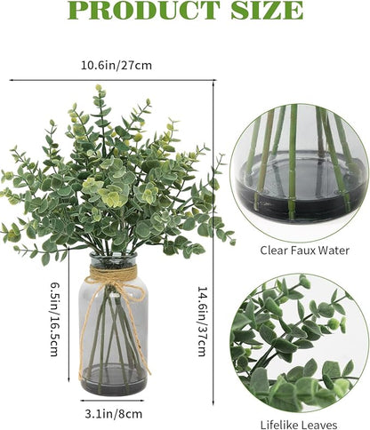 Eucalyptus Stems in Glass Vase with Faux Water, 14" Eucalyptus Fake Plants for Home Bathroom Office Kitchen Farmhouse Shelf Centerpiece Coffee Table Decor(Gray Vase)