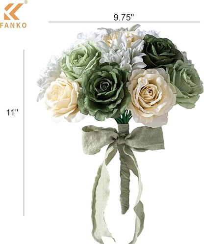 FANKO Artificial Flower Fake Rose Combo, 5 Mixed Silk Flowers Bouquet Dark & Light Green Rose Cream Roses, Light Gray Dahlia for DIY Wedding Bridal Bouquets/Centerpieces/Home Decorations