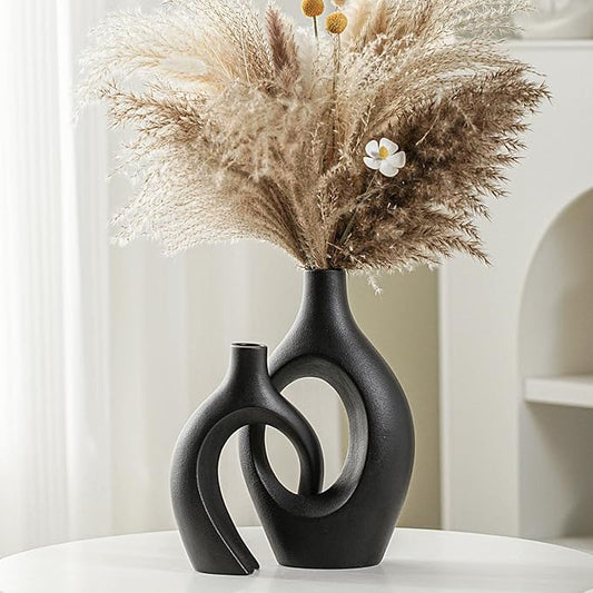 Extra LargeMatte Black Ceramic Vase Set of 2 Vase for Pampas Grass, Modern Circle Donut Aesthetic Flower Decorative Vases for Nordic Style Boho Home Decor (W 6.8" X H 11")