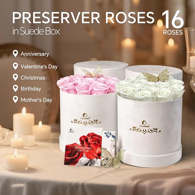 16 Roses in a Box, Preserved Flowers Gifts for Women, Forever Flowers for Delivery, Flower Birthday Gifts Box for Her, Eternal Flowers Rose Gifts for Mom, White