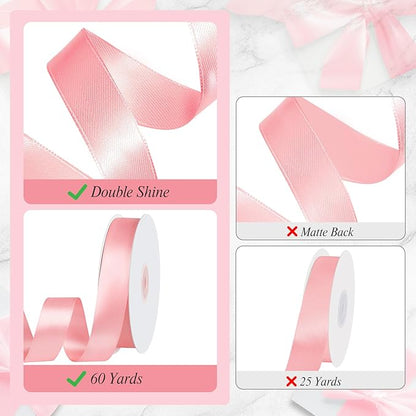 Pink Ribbon 1 inch 60 Yards Double Faced Pink Christmas Decor Ribbon for Lei Bows Crafts Gift Wrapping Flower Bouquet Wedding Party Vases Decorations