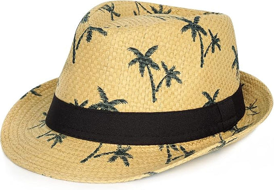 FADACHY Summer Straw Fedora Hat Short Brim Panama Sun Hat Trilby Beach Hat for Men & Women