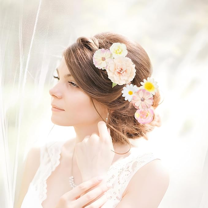 210 Pcs Mini Silk Flower Heads Small Fake Rose Daisy Faux Flowers Bulk for Crafts Artificial Loose Fabric Flowers Heads Sunflower Bulk for Wedding Hair Cap Dresses Decorations (Light Colors Mixed)