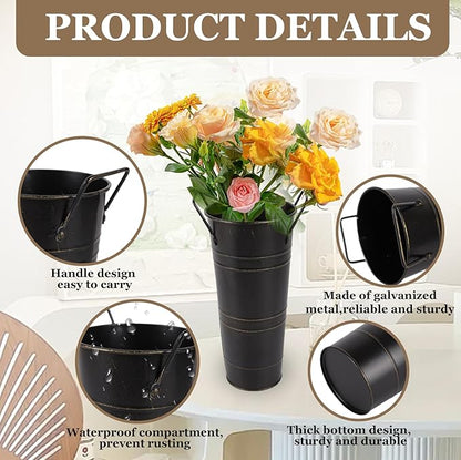 12pcs Small Black Rustic Vase, Small Metal Vases for Flowers, Galvanized Metal Bucket with Handles, Rustic Farmhouse Vases for Flowers for Home Décor (Black,10'' Height,Set of 12)