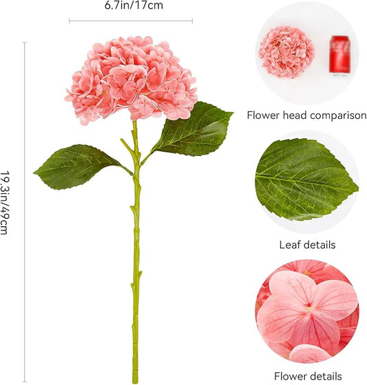 Fake Hydrangea Artificial Flowers with Stems 6 PCS 19.3" Latex Faux Hydrangea Flowers Bulk Real Touch for Vase Indoor Home Decoration Wedding Centerpieces Arrangements (Coral)