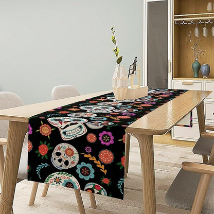 Gothic Skull Table Runner,Vintage Style Colourful Table Runner for Home Kitchen Table Dining Garden Farmhouse Wedding Party Decor 13x60 Inch