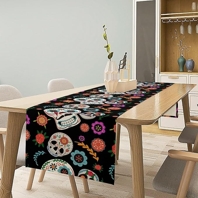 Gothic Skull Table Runner,Vintage Style Colourful Table Runner for Home Kitchen Table Dining Garden Farmhouse Wedding Party Decor 13x70 Inch