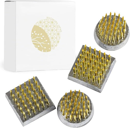 Wazakura 4PCS Mini Ikebana Kenzan Japanese Flower Holder, Made in Japan, Floral Arranging Pin Frog, Round Square - 1"(24mm) Brass