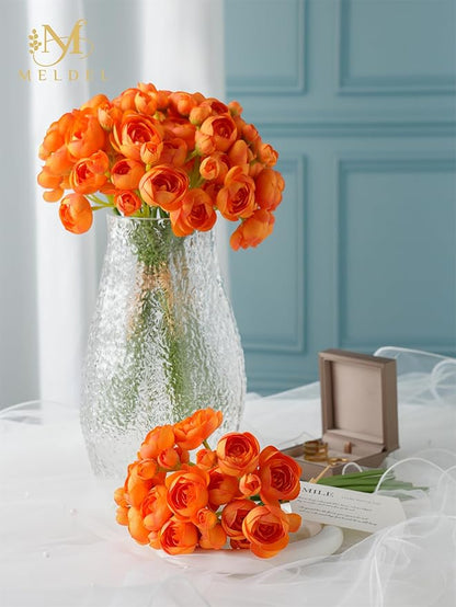 Meldel 32pcs Ranunculus Artificial Flower, Faux Silk Mini Orange Ranunculus Flowers for DIY Bouquet, Bulk Fake Peony Wedding Filler Flowers for Centerpieces Arrangements Bridal Shower Decorations