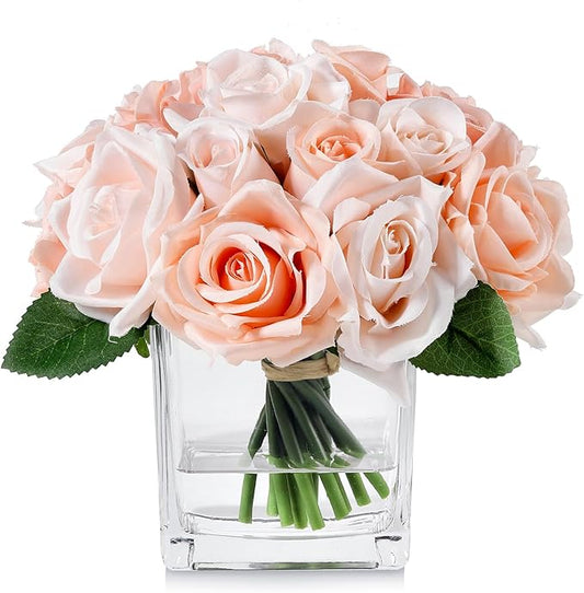 18 Heads Silk Rose Flowers in Vase, Artificial Floral Arrangement in Vase with Fake Water for Home Decor (Pink)