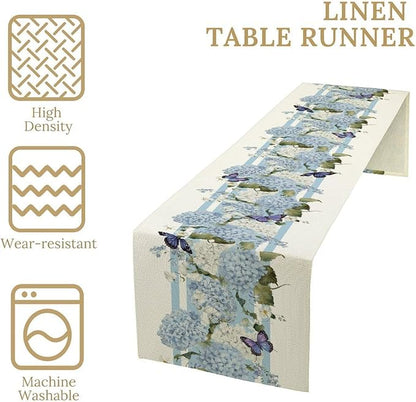 Blue Floral Table Runner, Spring Summer Watercolor Hydrangea Flower Butterfly Country Farmhouse Coffee Table Center Decor for Home Kitchen Dining Patio Holiday Party Table Decorations 13x36 inches