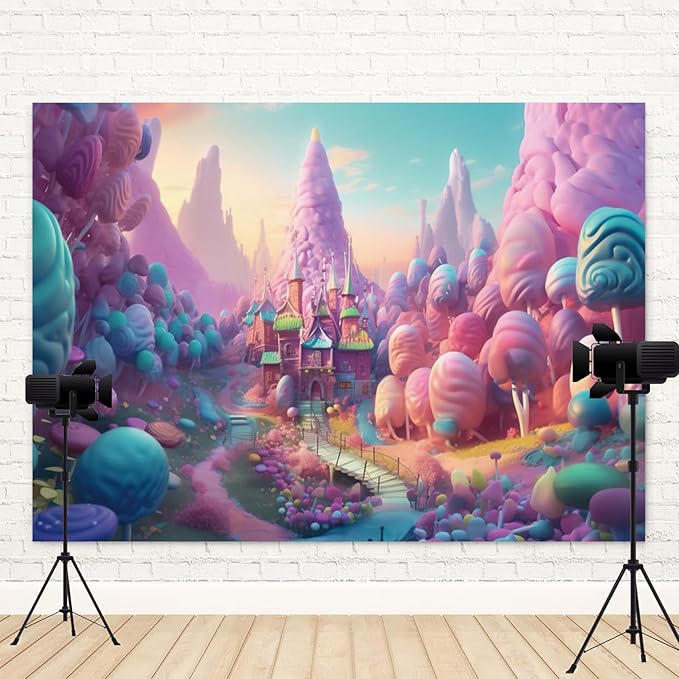 7x5ft Candyland Backdrop Fantasy Candy Castle Photography Background Sweet Lollipop Dream Blue Sky Cartoon Kids Birthday Banner Decorations Baby Shower Newborn Portrait Photo Booth Prop