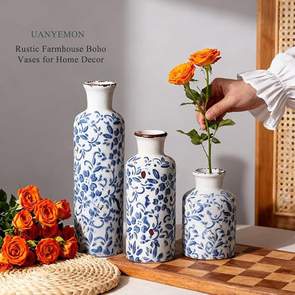 Ceramic Vase Set of 3 - Modern Chinoiserie Blue Floral Decorative Vases for Home Decor, Rustic Farmhouse Boho Vases for Living Room, Mantel, Dining Table, Bookshelf, Kitchen or Entryway Decoration