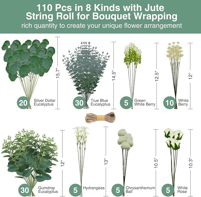 Artificial Greenery Stems Set 110 Pcs 8 Kinds of Faux Eucalyptus Stems and Flowers Fake Silver Dollar Eucalyptus Leaves Stems Bulk for Wedding DIY Bouquets Vase Table Centerpieces Decor