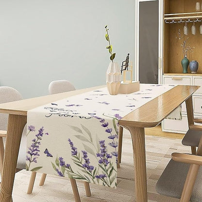 Purple Floral Table Runner, Spring Summer Watercolor Lavender Flower Country Farmhouse Coffee Table Center Decor for Home Kitchen Dining Patio Holiday Party Table Decorations 13x90 inches