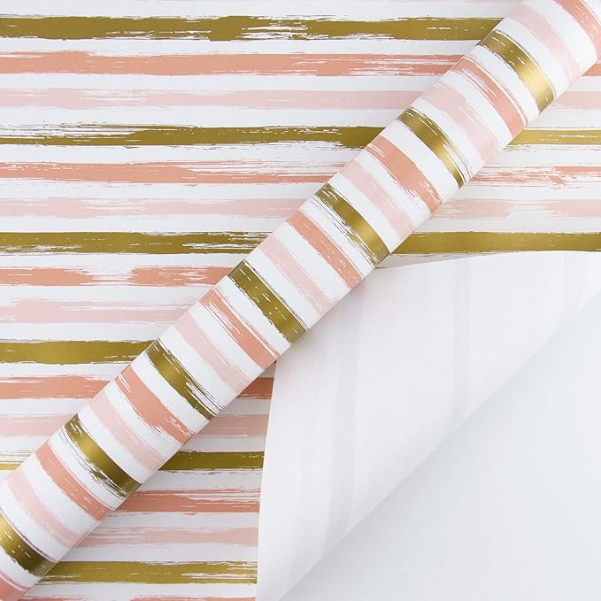 WRAPAHOLIC 30 Inch Pink Wrapping Paper Roll - Pink and Gold Lines Print for Birthday, Holiday, Wedding, Baby Shower Wrap - 30 inch x 33 feet
