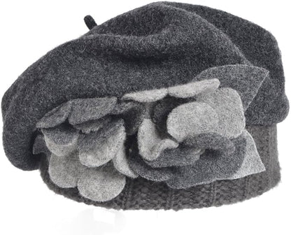 VECRY Lady French Beret 100% Wool Beret Floral Dress Beanie Winter Hat