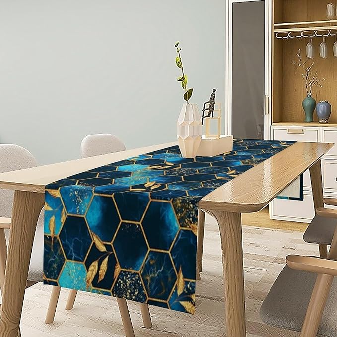 Sky Blue Honeycomb Table Runner Abstract Sea Blue Marble Hexagon Texture Golden Leaves Seasonal Dinner Runner Table Decoration for Farmhouse Home Kitchen Dining Holiday Party 13x90in