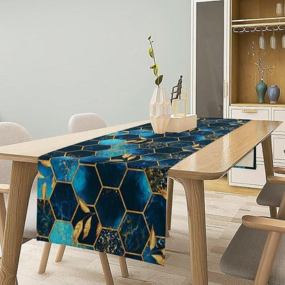 Sky Blue Honeycomb Table Runner Abstract Sea Blue Marble Hexagon Texture Golden Leaves Seasonal Dinner Runner Table Decoration for Farmhouse Home Kitchen Dining Holiday Party 13x60in