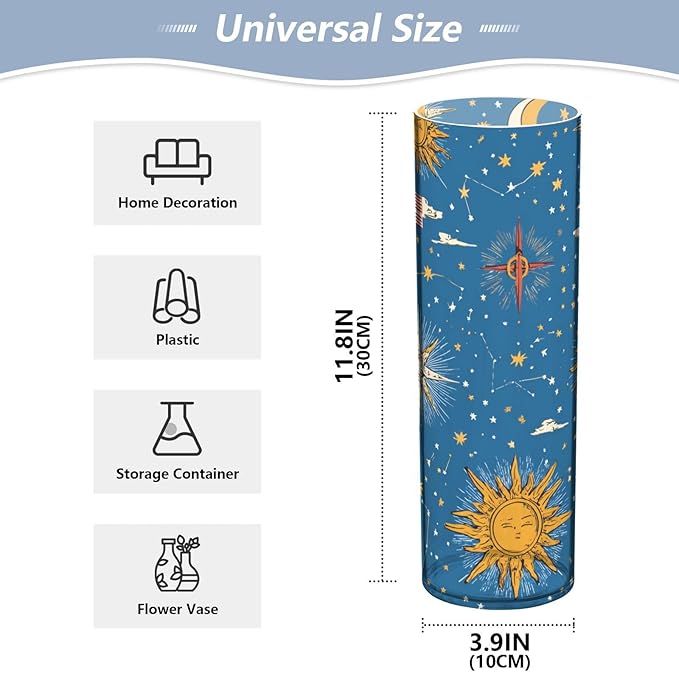 Flower Vase Clear Plastic Cylinder Vases Decor for Centerpieces Home Storage Office Weddings Moon Sun Blue 11.8 x 3.9 in