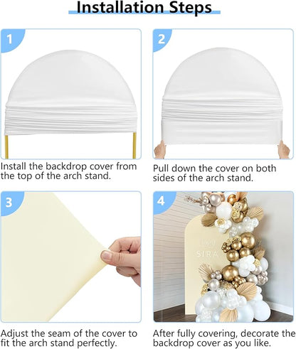 Hemmotop White and Beige Wedding Arch Backdrop Cover, Set of 2 (7.2ft, 6ft), 2 Sided Stretchy Spandex Fitted Balloon Arch Stand Backdrop for Birthday Party, Baby Shower, Double Color