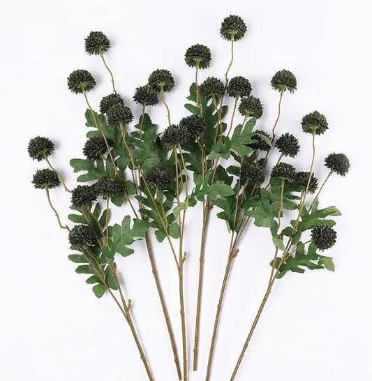 Mizii 6Pcs Green Fake Silk Pompon Mum Artificial Flowers Bulk Small Faux Chrysanthemums with Stems Realistic Floral Decorations for Wedding DIY Bouquet Centerpieces Shower Vase Home Decor (Dark Green)