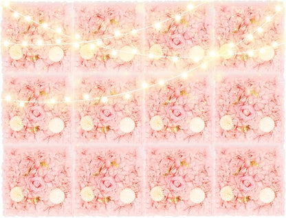 12Pcs Artificial Flower Wall Panel 3D Floral Backdrop Wall 15" X 15" Flower Walls Decor Flower Backdrop Faux Flowers Panel for Wedding Party Home Decoration, Pink/Champagne