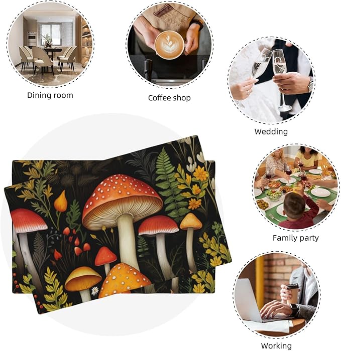 Placemats 4 pcs Mushroom Double-Layer Imitation Linen Place Mats Non-Slip Heat-Resistant Tablemats for Home Restaurant Hotel 18×12 Inch