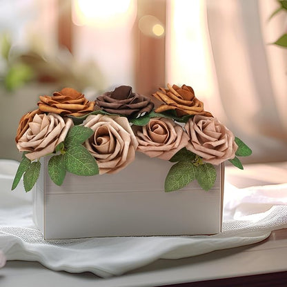 25pcs Artificial Flower Foam Rose Real Touch Roses Flower Heads with Stem for DIY Wedding Bouquets Centerpieces Arrangements Party Baby Shower Home Decor (Shades of Earth Tones)
