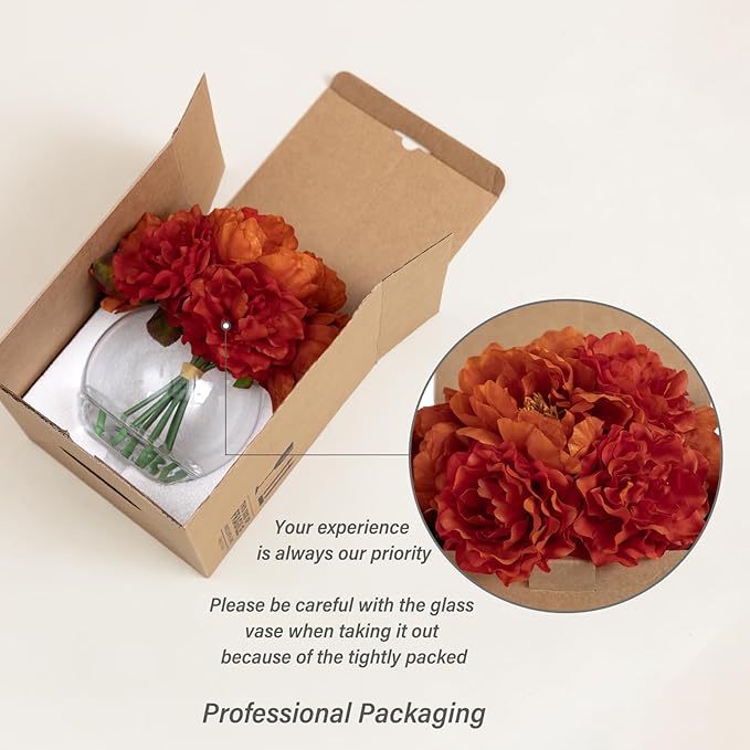 Artificial Flowers in Vase, Silk Peonies Flowers for Vase with Faux Water, Burnt Orange Fake Flower Arrangement for Fall Winter Dinning Wedding Christmas Party Table Centerpieces Decor & Mom's Gift