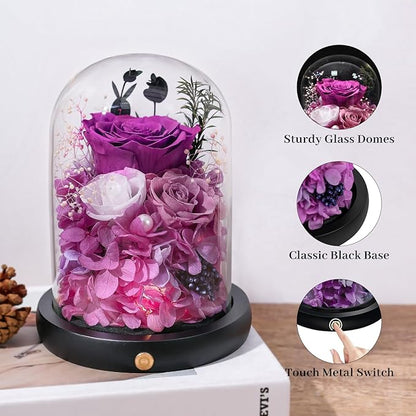 FIACO Gifts for Women Preserved Rose Forever Flower in Glass Dome Fresh Flowers for Delivery Prime Mothers Day Birthday Gifts for Mom Grandma Wife Sister Purple Roses