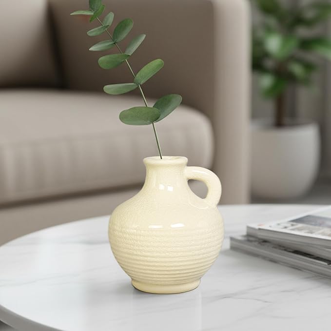 Sunddo White Ceramic Vase 6 Inch - Small Modern Flower Vase for Home Decor, Decorative Vases with Handle, Boho & Minimalist, Living Room Cabinet Table Centerpieces Wedding Beige