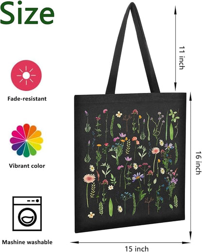AUSVKAI Cute Canvas Tote Bag Aesthetic For Women College Grocery Bag Cotton Cloth Beach Totes Gift-Black Flowers