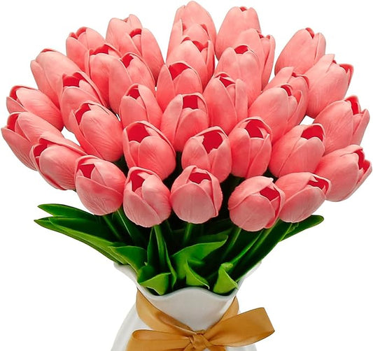 36 PCS Tulips Artificial Flowers 13" PU Fake Flowers for Wedding Home Decor(Coral Pink)