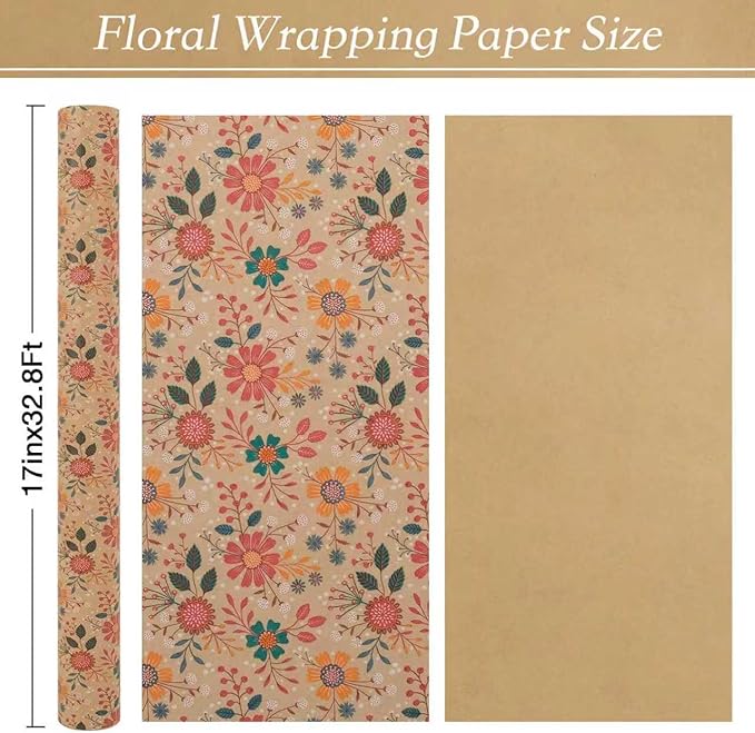 Aimyoo Kraft Floral Wrapping Paper Roll - Mini Roll - 17 Inch x 32.8 Feet - All Occasion Vintage Flower Gift Wrap Paper for Mother's Day Wedding Birthday Bridal Shower