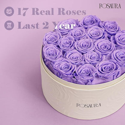 Rosaura Round Preserved Roses Gift Box - Real Forever Flowers for Birthday, Valentine's & Mother's Day (Light Purple, 17 Roses)