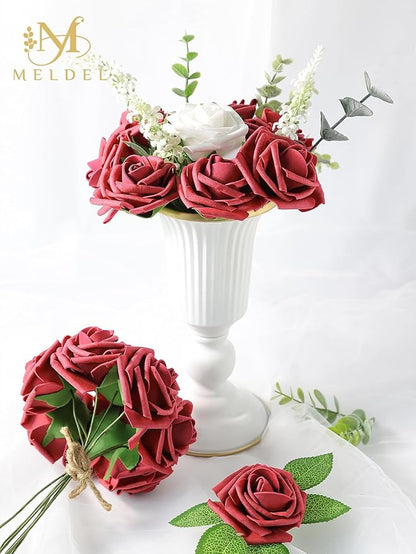 Meldel Artificial Flower 25pcs Real Looking Red Fake Foam Roses with Stems for DIY Wedding Bouquets Gifts Bridal Shower Faux Floral Centerpieces Arrangements Home Party Tables Decorations