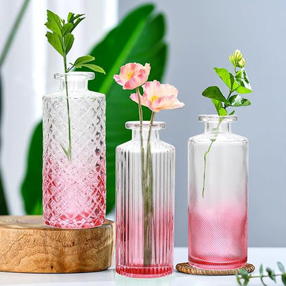Brajttt Glass Bud Vase Set in Bulk, 9pcs Mini Vintage Flower Vases for Wedding,Pink Relief Vase for Centerpieces,Home Table Flower Decor, Party Decorations