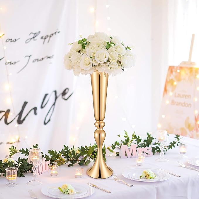JIEYAO 2 Pcs 22" Tall Gold Vases for Centerpieces, Metal Trumpet Flower Stand Table Decoration Vase for Wedding Party Arrangement