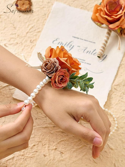 Serwalin Orange Corsage and Boutonniere Set, Boutonniere and Wrist Corsage Wristlet Prom Homecoming Wedding Flowers Accessories Prom Suit Decorations (Orange)
