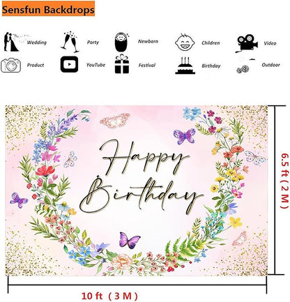 Sensfun Wildflower Happy Birthday Backdrop Banner WildFlower Birthday Decorations,Spring Floral Butterfly Photography Background for Girls Wildflower 1st Birthday Party Decor Photo Booth Prop 10x6.5ft