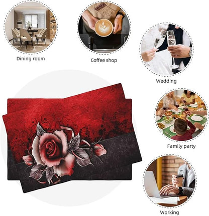 Rose Linen Table Placemats Set of 6 Vintage Flowers Place Mats for Home Party Kitchen Indoor Holiday Rustic Washable Heat Resistant Table Mats 12 x 18 Inch