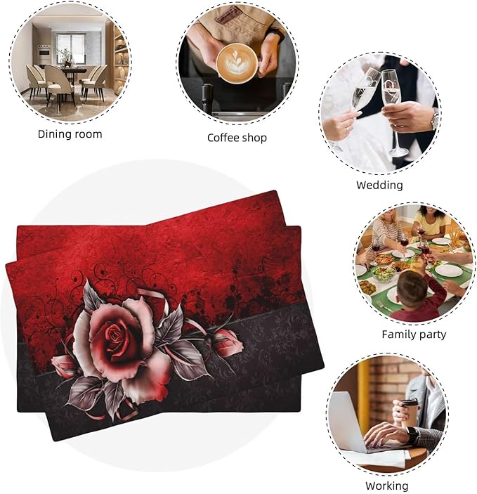 Rose Linen Table Placemats Set of 4 Vintage Flowers Place Mats for Home Party Kitchen Indoor Holiday Rustic Washable Heat Resistant Table Mats 12 x 18 Inch