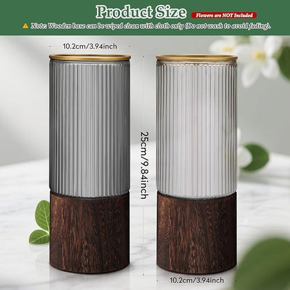 Ribbed Glass Vase Set of 2 Vases for Flowers,10" H Wood Glass Vase with Solid Wooden Base,Rustic Flower Vase for Home Decor,Living Room,Bedroom,Kitchen,Dining Table,Fireplace,Office(Gray & Clear)