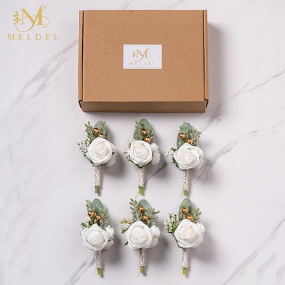 Meldel White Boutonniere for Men Wedding,Set of 6,Groom and Groomsman Boutonniere for Wedding,Greenery Rose Corsage for Men Ceremony Anniversary Party Prom Homecoming