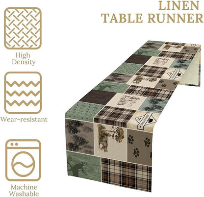 Bear Deer Table Runner,Rustic Lodge Retro Country Farmhouse Buffalo Plaid Print Tablecloth Burlap for Hotel Indoors Outdoor Dining Room Kitchen Home Decor,W13X L60 in