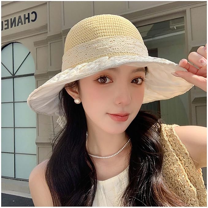 Women's Sun Shade Hat UPF 50+ - Foldable Straw Beach Cap with Lace Bow, Breathable Summer Travel Hat for Women