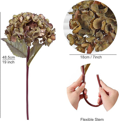 Fall Artificial Dried Hydrangea Flowers, Vintage Green Dried Look, Fall Faux Flowers, Single Stem (Autumn Green, 4pcs)