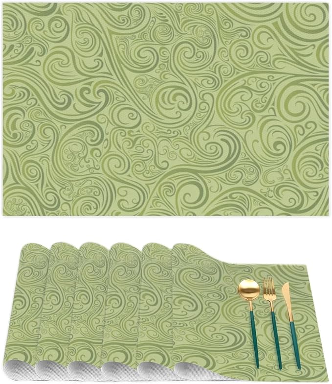 PVC Placemats Set of 6 Sage Green Abstract Art Wipeable Table Mats Washable Heat Resistant Non Slip Vinyl Dining Table Mat for Kithen Indoor Outdoor Patio Farmhouse Place Mats Decorative