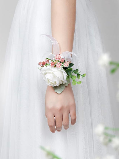 White & Pink Rose Corsage and Men Boutonniere Set for Wedding Ivory Corsages Wristlet Band Bracelet for Wedding Flowers Accessories Prom Suit Decorations